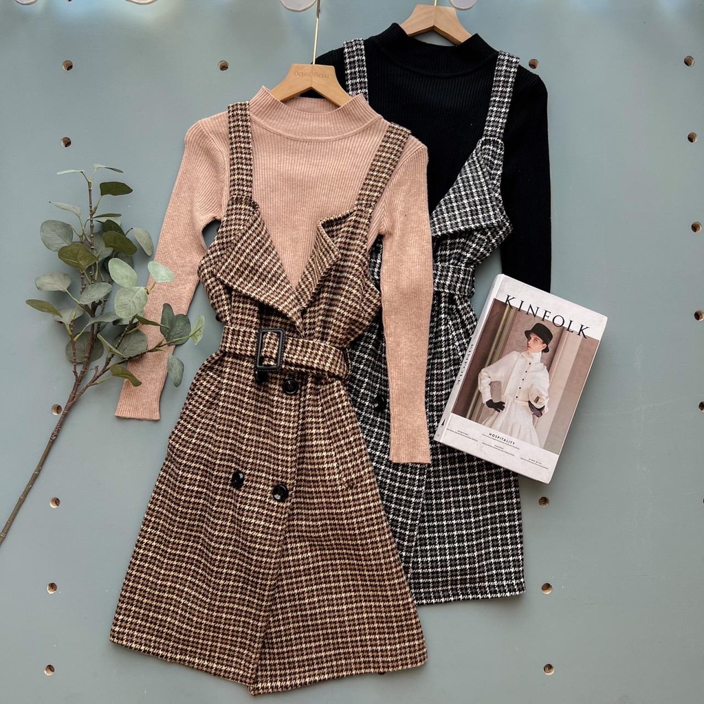 Oclo | Xella Overall Set Knit Tweed Kotak-kotak