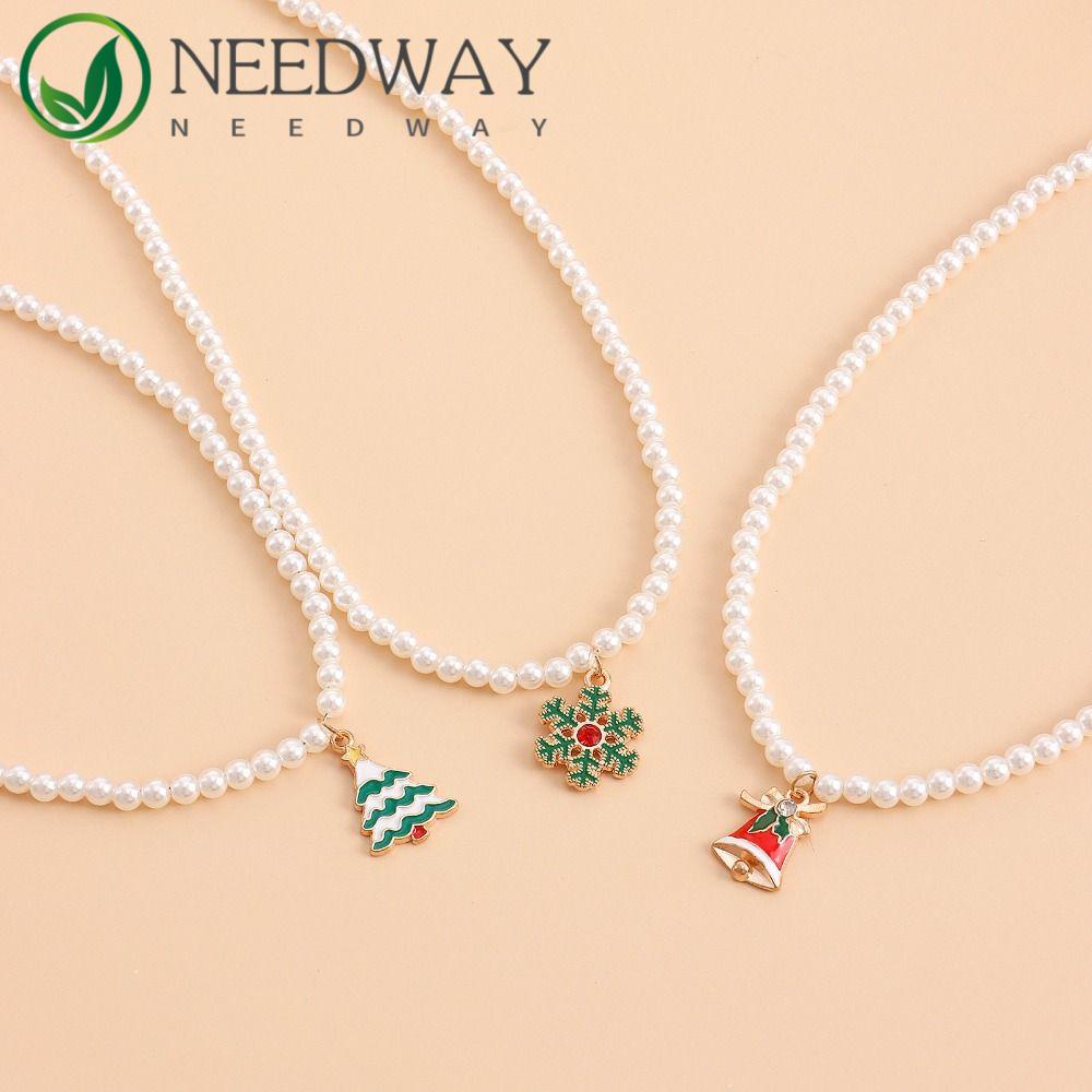 Needway  Kalung Natal All-match Kepribadian Fashion Mutiara Imitasi Pohon Natal Christmas Masa Kini Bell Rantai Ganda Aksesoris Perhiasan Wanita