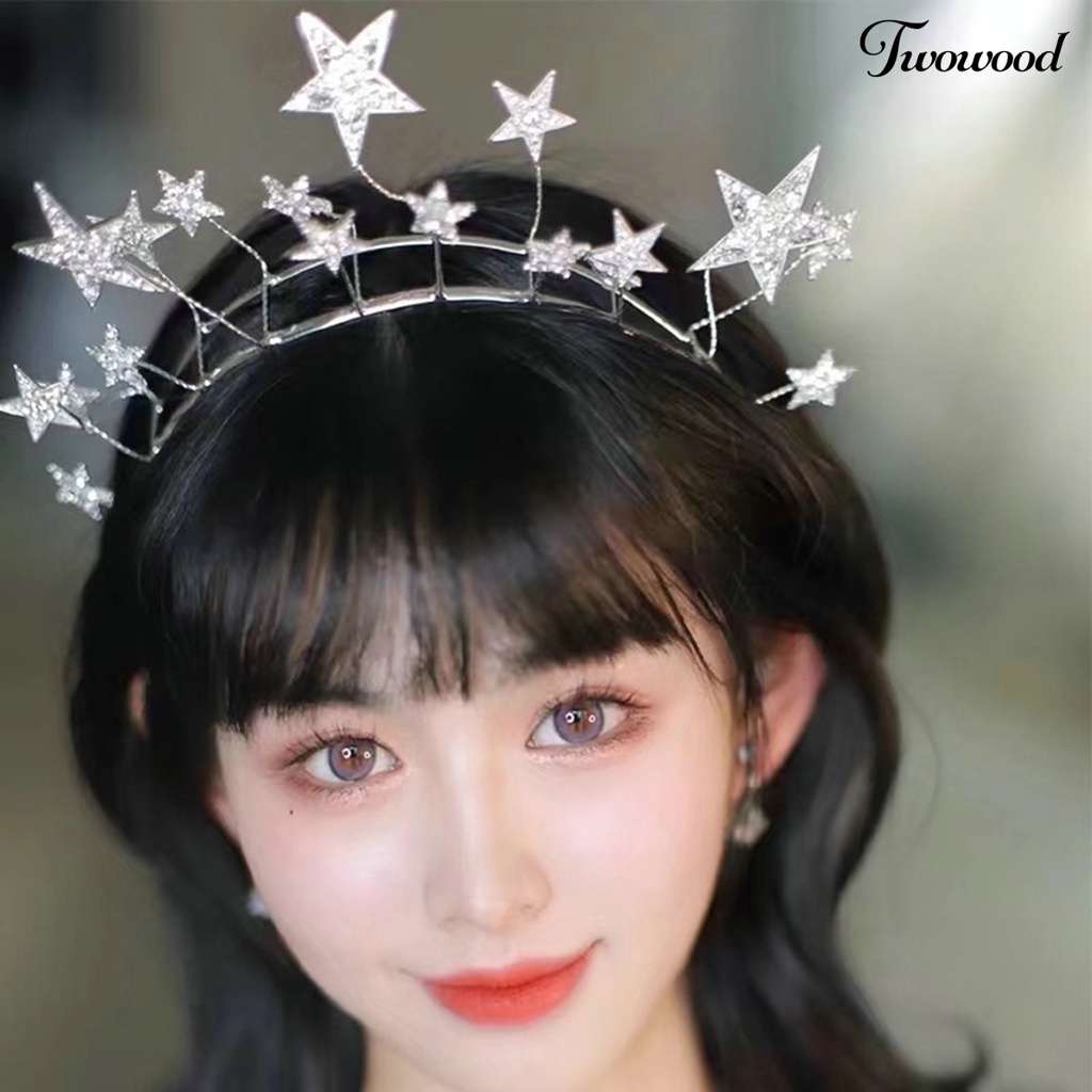 Twowood Gaya Korea Bersinar Non-slip Gadis Bando Lucu Berlian Imitasi Bintang Mahkota Pengantin Rambut Hoop Aksesoris Rambut