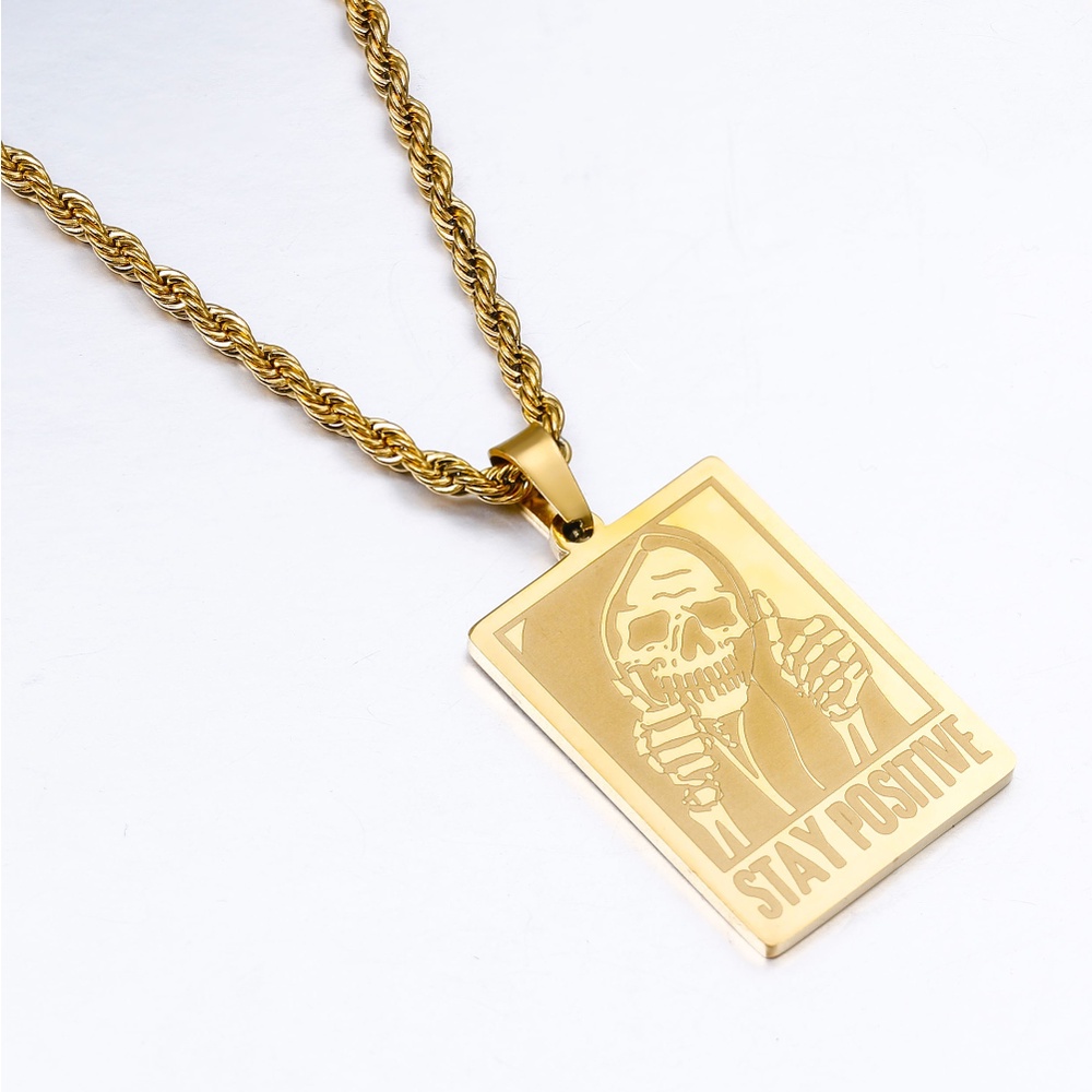 [X C Kalung] Baru Emas &amp; Perak Hip-hop Punk Retro Persegi Army Kartu Tengkorak Baja Titanium Liontin Stainless Steel Kalung Untuk Pria Dan Wanita Hadiah Liburan Perhiasan
