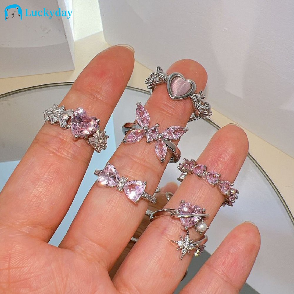 Yeezii Fashion Batu Permata Jantung Cincin Elegan Pink Crtystal Pembukaan Jari Cincin Untuk Aksesoris Perhiasan Wanita