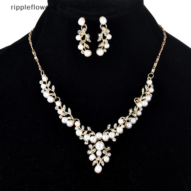 {rippleflower4.id} Set Perhiasan Kalung Anting Mutiara Imitasi Pengantin Elegan~