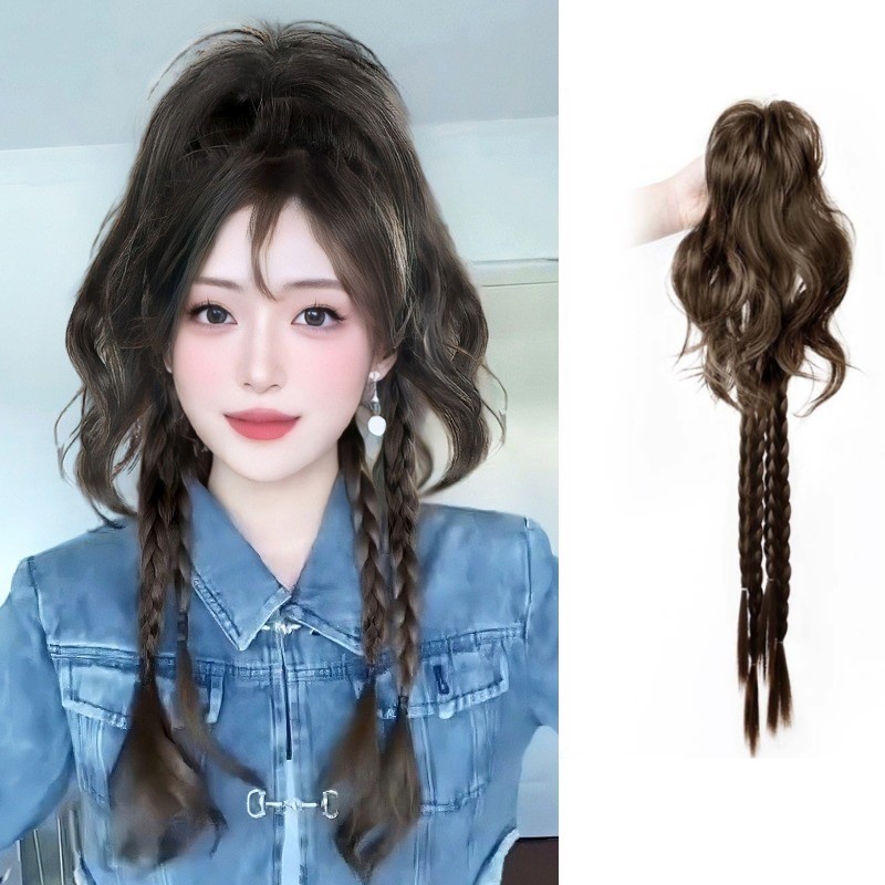 Y2k Gaya Princess Keren Rambut Panjang Lurus Bergelombang Ponytail Tinggi Dengan Kepang Wig Hair Extension Untuk Aksesoris Rambut Wanita 30cm