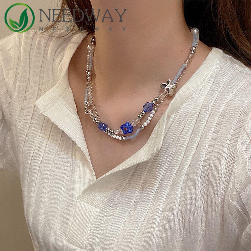 Needway   Wanita Kalung Trendi Rantai Manis Biru Liontin Manik-Manik Leher Perhiasan