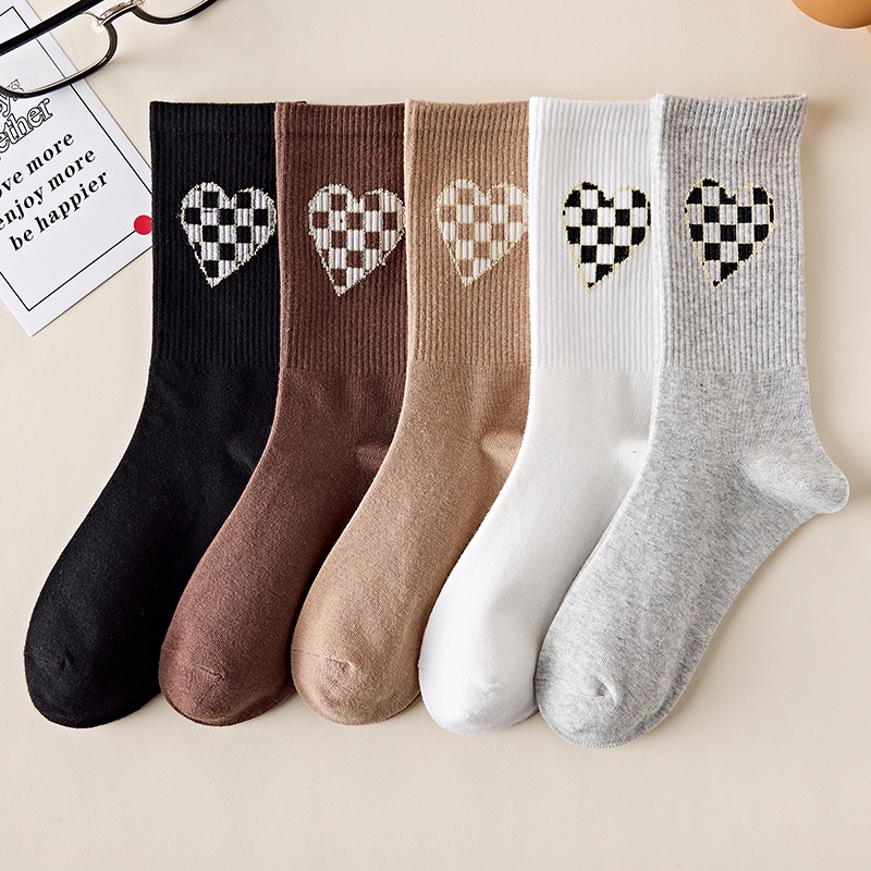 MMM Kaos Kaki Setinggi Betis Wanita Corak Kotak Love Kode 6760 Socks unisex Panjang motif Catur Estetik Sarung Kaki Mid Socks Ala Korea love kotak  Kaki Import Murah