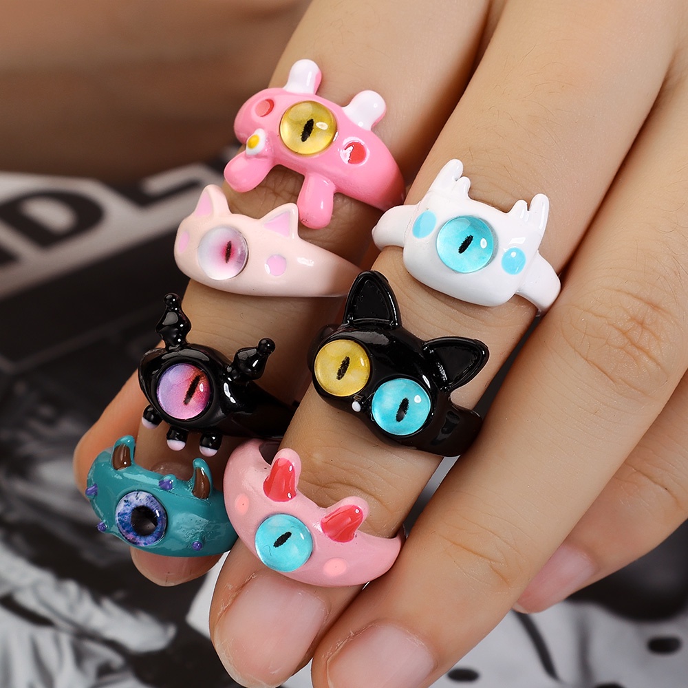 Cincin Jari Wanita Anak Kucing Kartun Lucu/ Murid Yang Berbeda Cincin Pembukaan Monster Kecil Yang Lucu/ Aksesoris Kepribadian Fashion Lolita Yang Dapat Disesuaikan