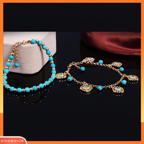 [WOD] Boho Double Layers Berlian Imitasi Bunga Turquoise Kaki Rantai Gelang Kaki Ankle Bracelet