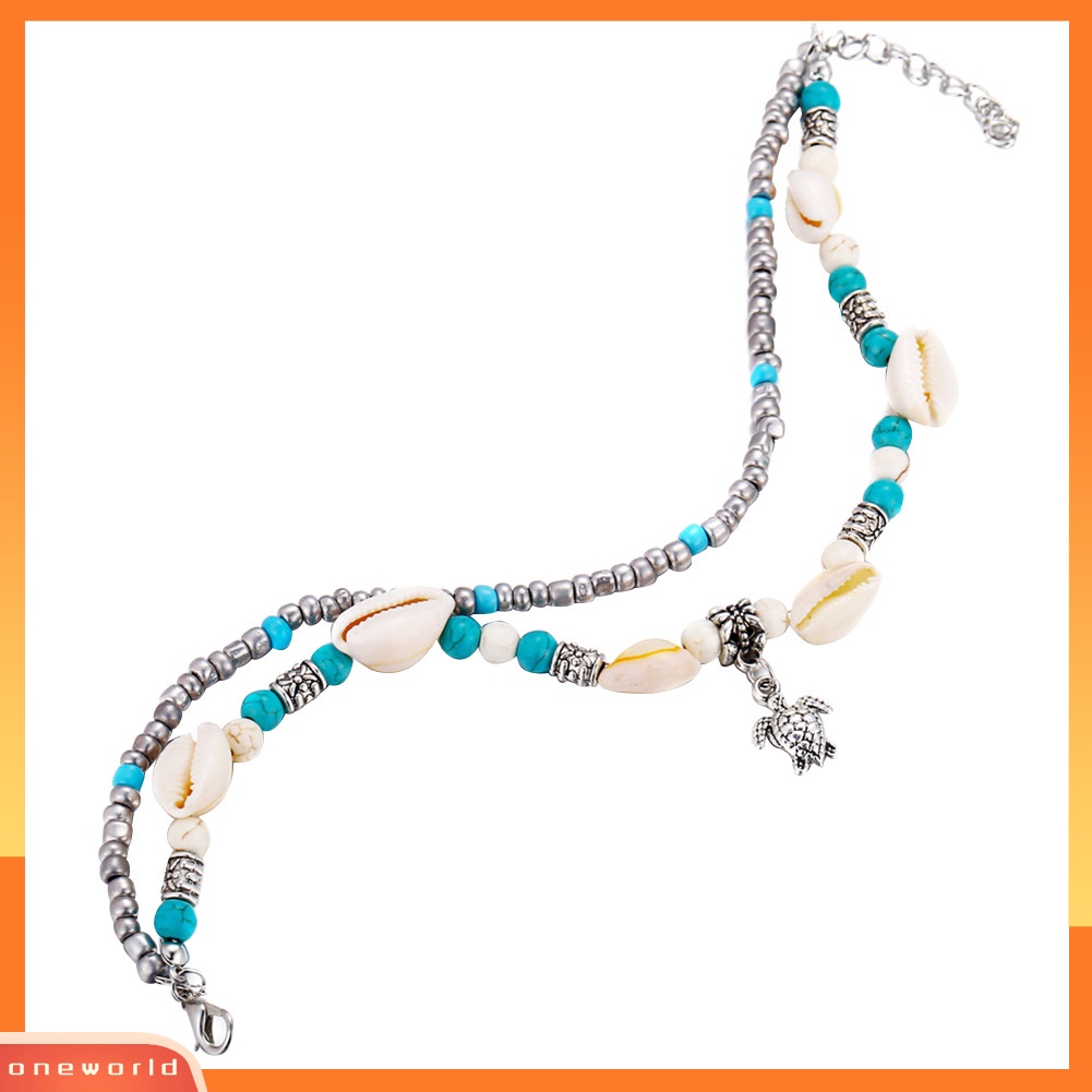 [WOD] Wanita Turtle Charm Faux Turquoise Manik-Manik Lapisan Ganda Gelang Kaki Perhiasan Pantai