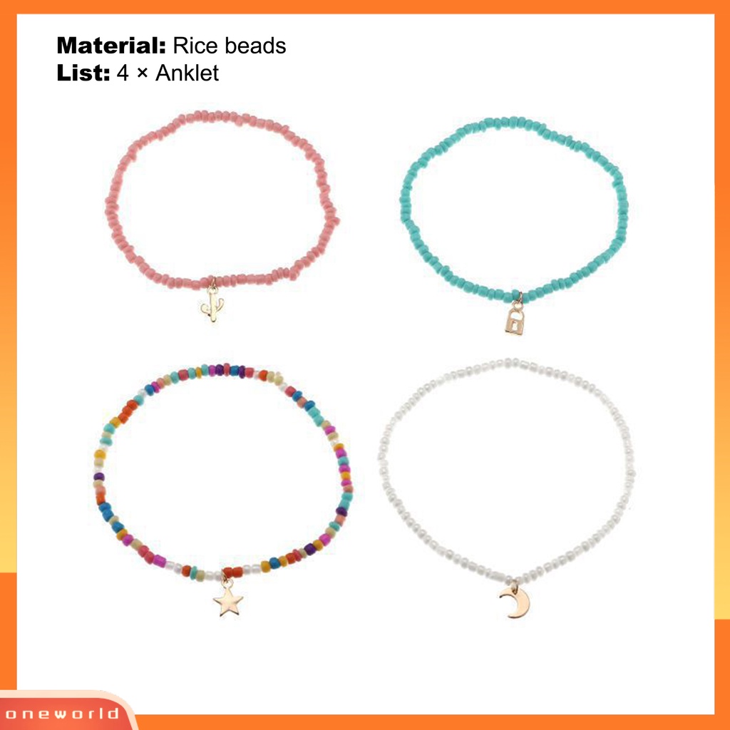 [WOD] 4 Pcs Rantai Kaki Warna Vibrant Indah Liontin Eye-catching Warna-Warni Wanita Manik-Manik Elastis Gelang Kaki Perhiasan Hadiah Ulang Tahun