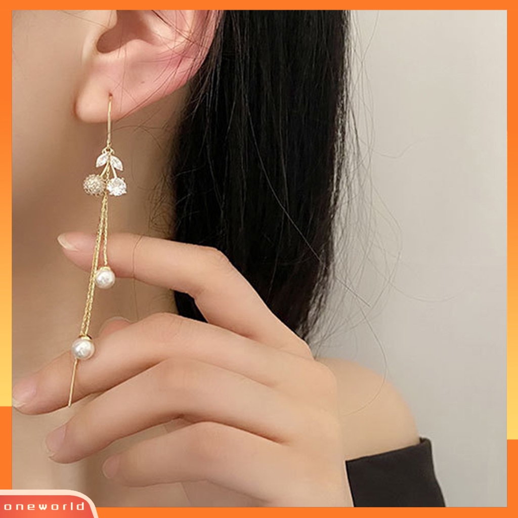 [WOD] 1pasang Anting Garis Telinga Cherry Kristal Imitasi Mutiara Imitasi Jumbai Panjang Earrings Untuk Pesta Pernikahan Prom Banquet