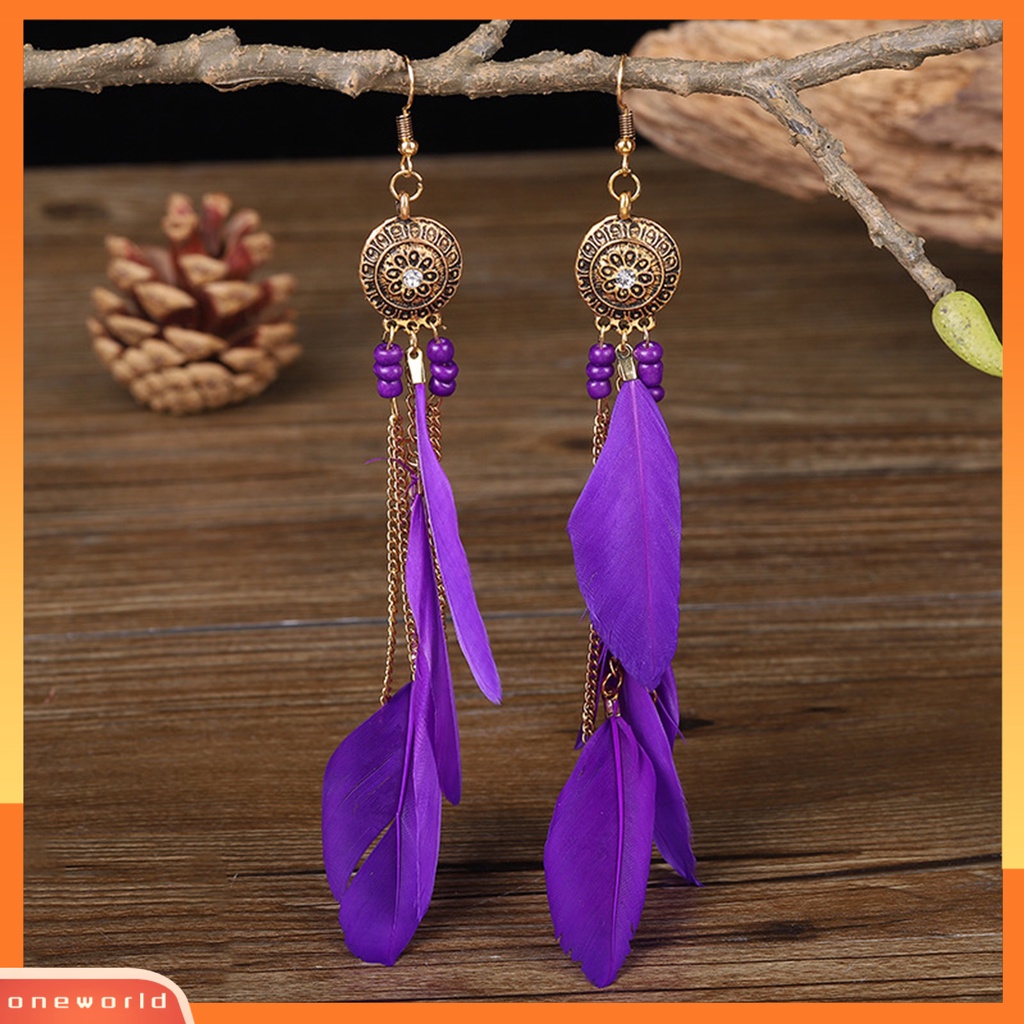 [WOD] 1pasang Anting Menjuntai Bohemian Etnik Vintage Electroplating All-match Dekorasi Hadiah Wanita Panjang Bulu Rantai Rumbai Drop Earrings Perhiasan Untuk Pakaian Sehari-Hari