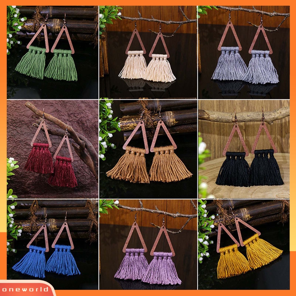 [WOD] 1pasang Segitiga Kayu Gaya Etnik Lady Drop Anting Aksesori Bohemian Benang Katun Rumbai Kait Anting Perhiasan Pesta