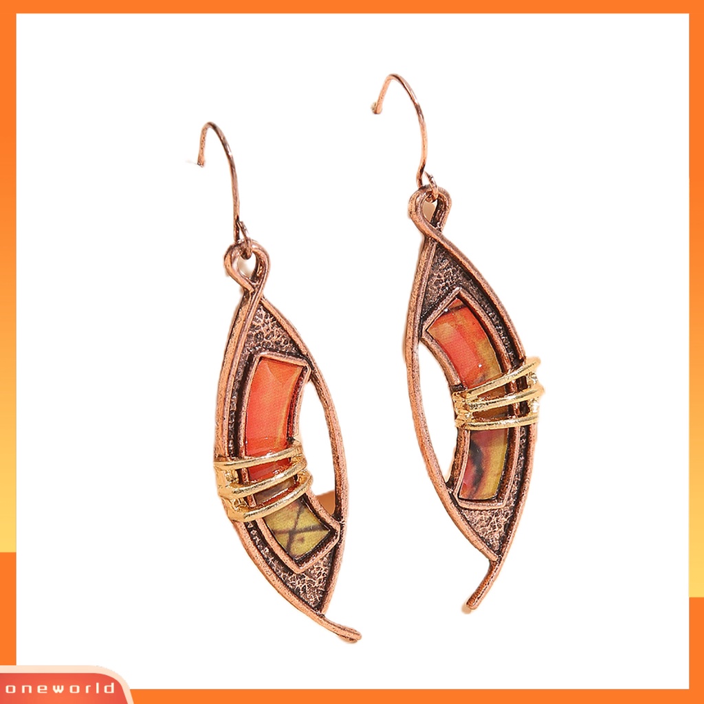 [WOD] 1pasang Orange Batu Tindik Drop Earrings Kulit-Menyentuh Patchwork Warna Berongga Asimetris Kait Anting Perhiasan Aksesoris