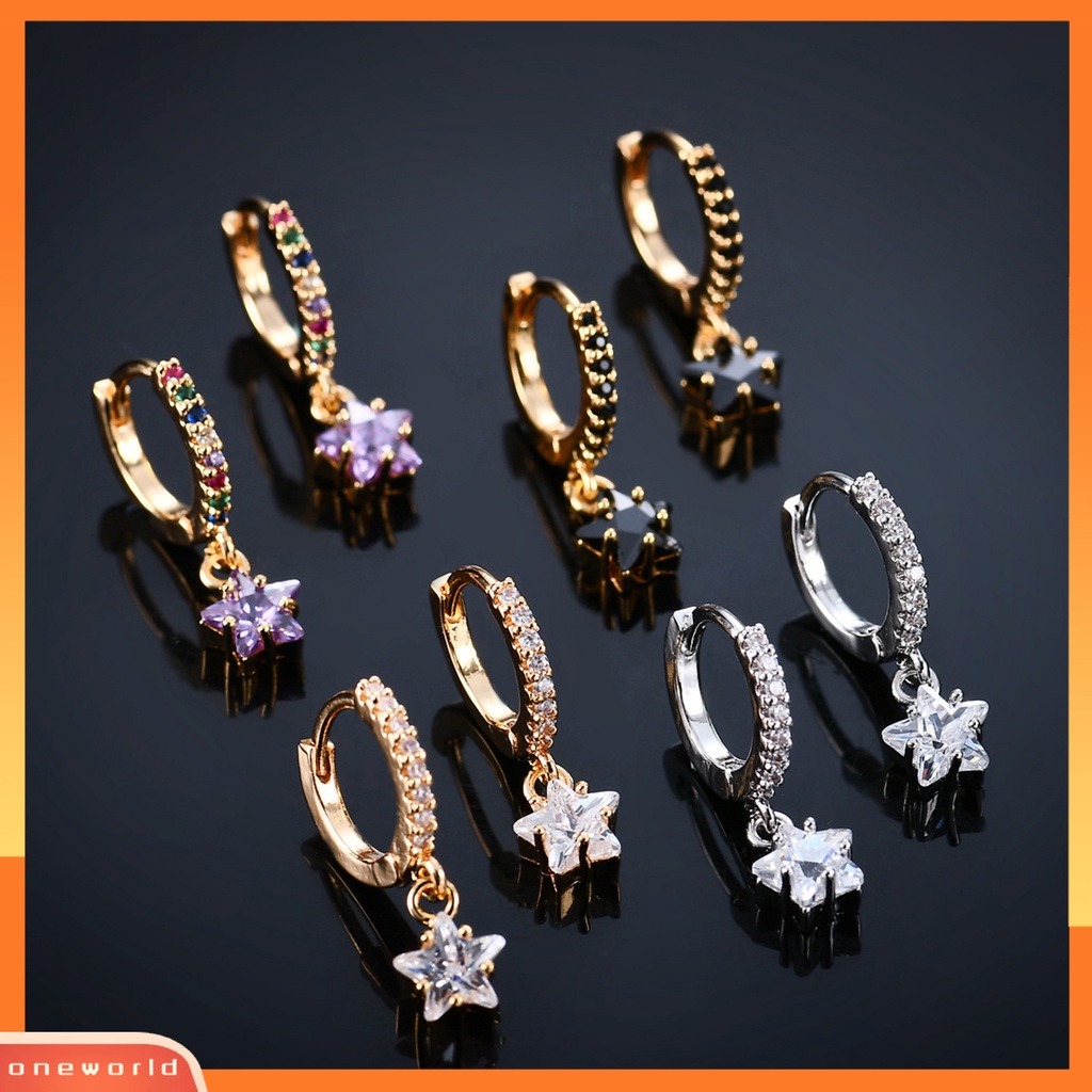 [WOD] 1pasang Anting Wanita Warna-Warni Berkilau Cubic Zirconia Star Pendant Menjuntai Earrings Untuk Pacaran