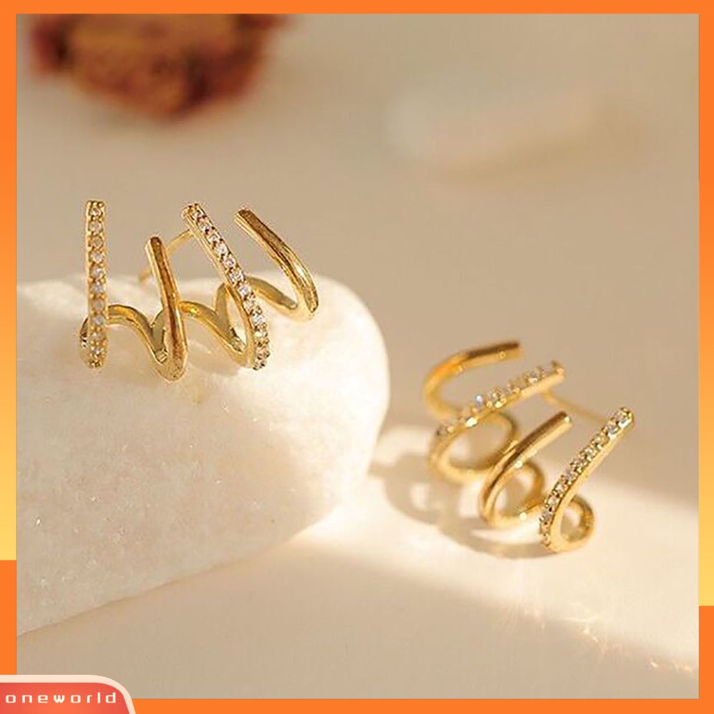 [WOD] 1pasang Berlian Imitasi Bersinar Ear Studs Pengerjaan Halus Kreatif Berbentuk U Empat Baris Wanita Anting Perhiasan Aksesoris