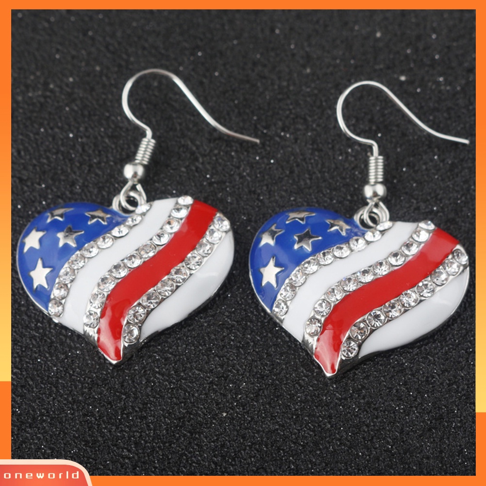 [WOD] Chic Bendera Amerika Hati Bintang Berbentuk Berlian Imitasi Ear Hook Anting Wanita Perhiasan