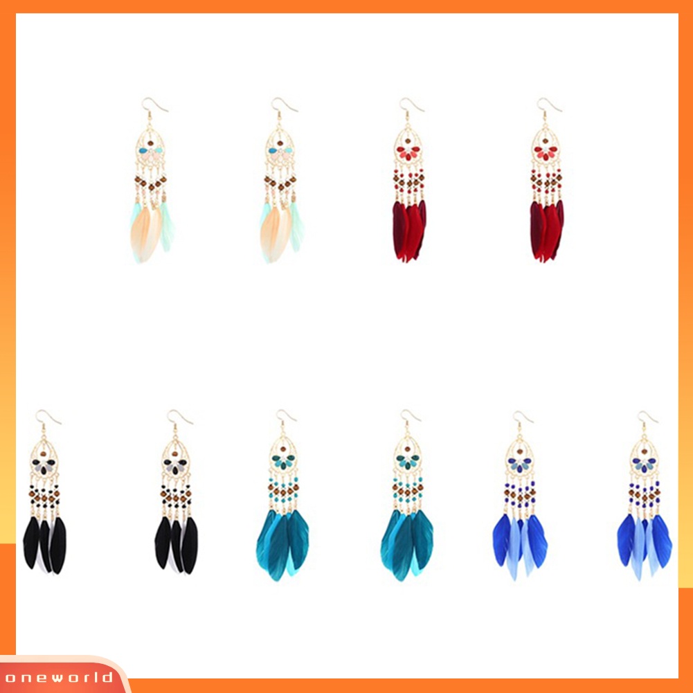 [WOD] Boho Wanita Berongga Manik-Manik Oval Warna-Warni Bulu Rumbai Drop Statement Earrings