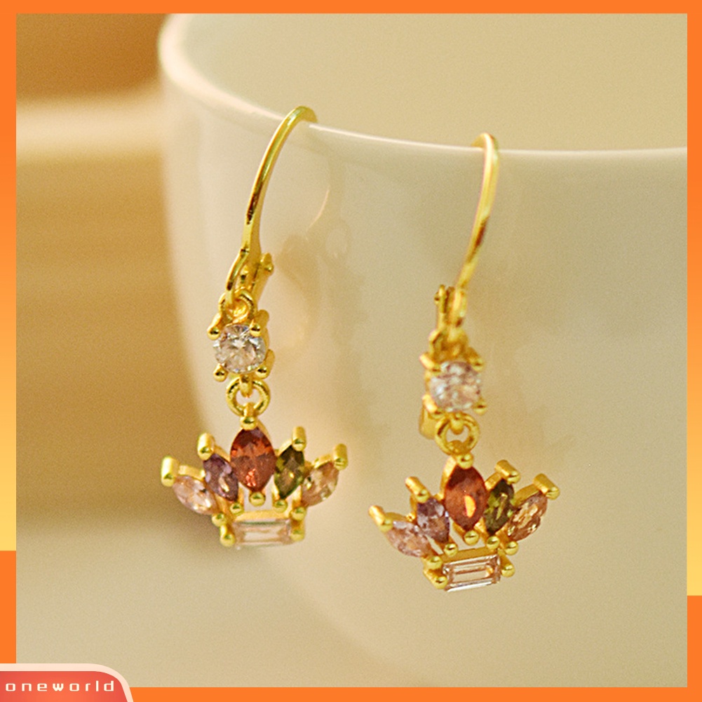 [WOD] Wanita Multicolor Berlian Imitasi Bertatahkan Mahkota Menjuntai Leverback Earrings Perhiasan Hadiah