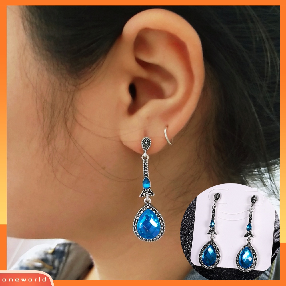 [WOD] Vintage Wanita Berlian Imitasi Bertatahkan Panjang Menjuntai Anting Tetesan Air Eardrops Perhiasan
