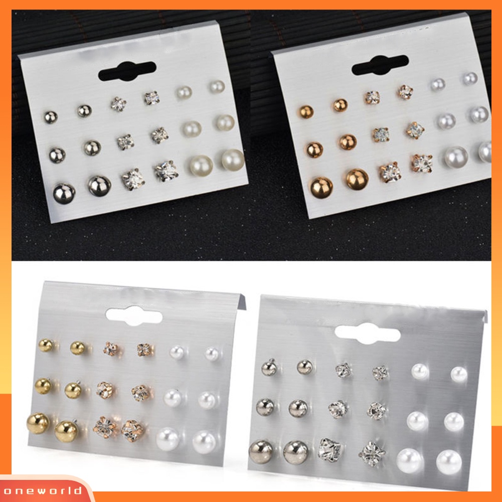 [WOD] 6 /9 /12Pasang Fashion Wanita Berlian Imitasi Mutiara Imitasi Ear Studs Earrings Set Hadiah