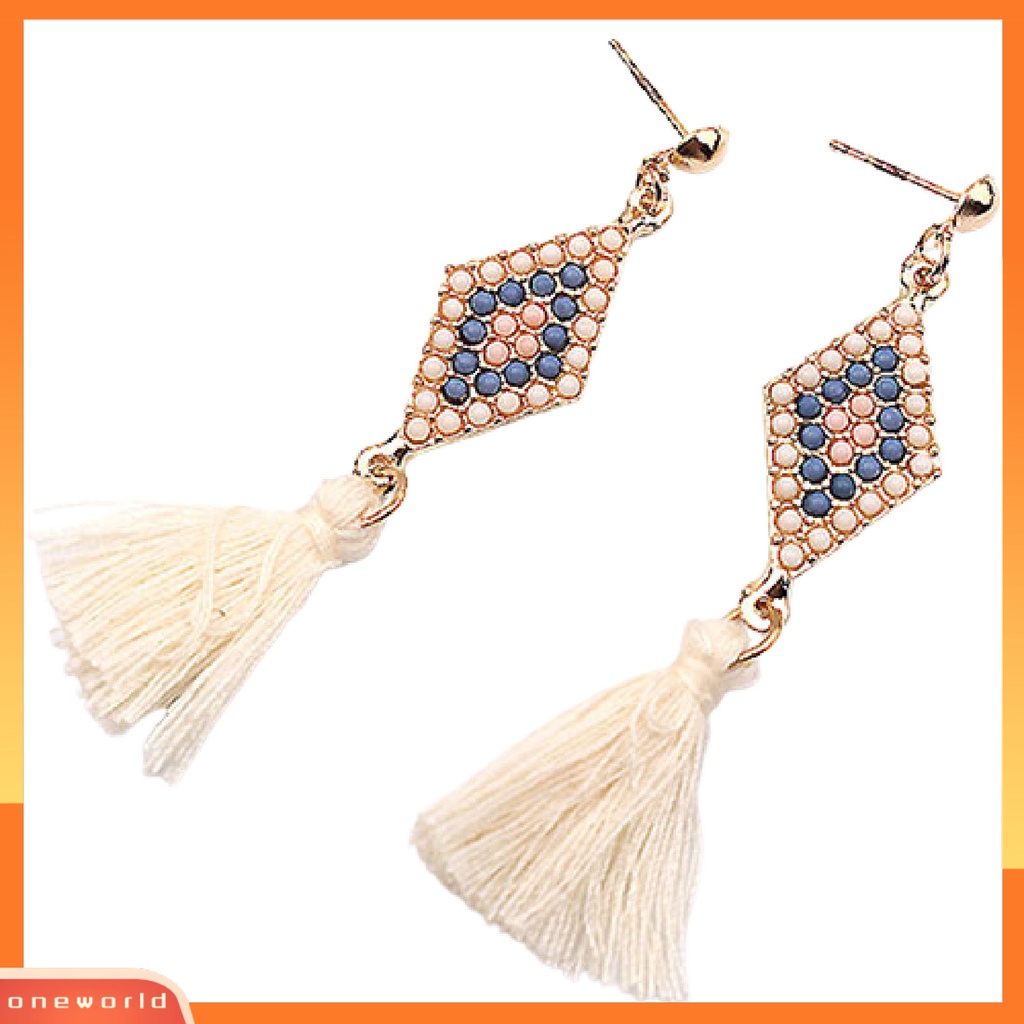 [WOD] 1pasang Ear Studs Gaya Folk Elegan Bentuk Rhombic Thread Fringed Earrings Untuk Hadiah