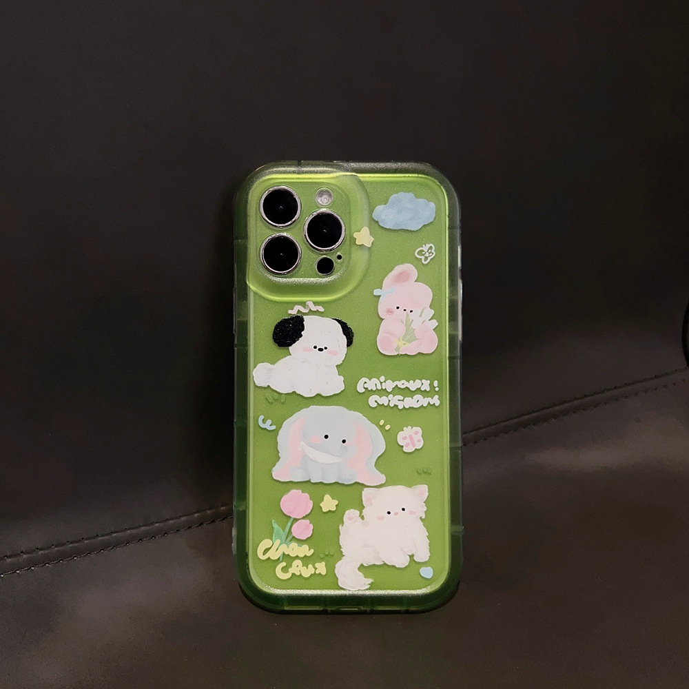 IPHONE Lucu Kartun Hewan Pesta Rumput Transparan Hijau Anti Hilang Casing Ponsel Cover Untuk Iphone11 12 13 14 PLUS PRO MAX