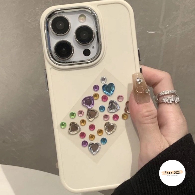 Case Kompatibel Untuk iPhone 7Plus 8Plus XR 11 12 14 13 Pro MAX X XS MAX Mewah Simple Warna Solid Plating Square Phone Case Love Heart Colorful Diamond Dekorasi Stiker Cover