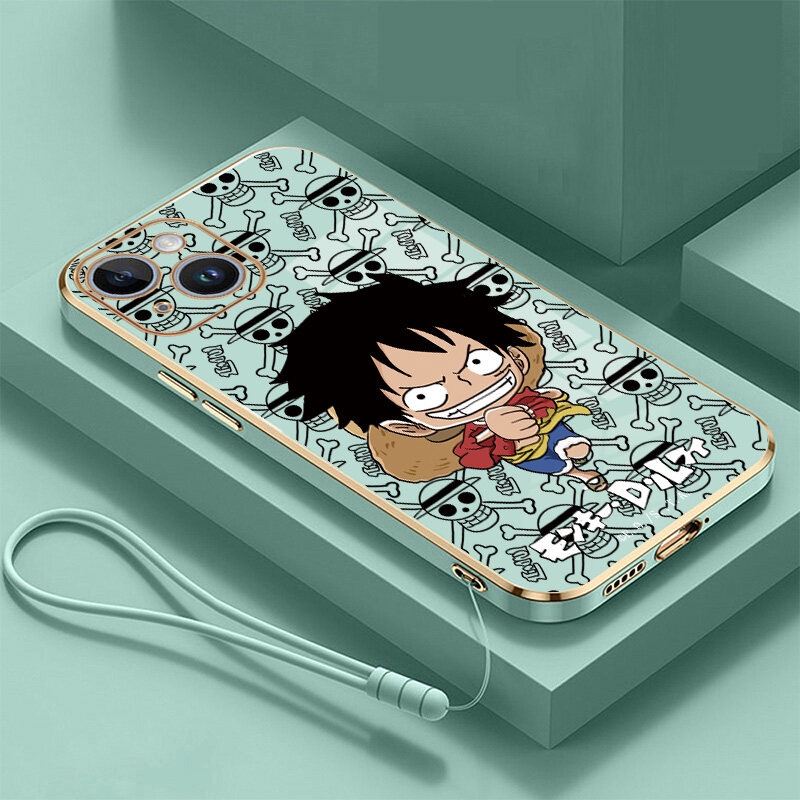 【Free Lanyard】Casing For OPPO A95 F21 Pro F21S Pro Reno5 K Reno6 Reno7 Z Reno7 Lite Reno8 Z OnePlus Nord N20 4G 5G Luxury Soft Plating Square Drop-proof Silicon TPU Shockproof Phone Case Anime Cartoon One Piece Monkey D Luffy Protective Back Cover