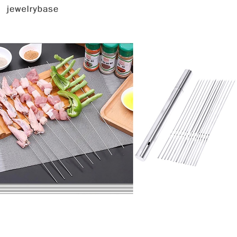 [jewelrybase] 15pcs Tusuk Sate Barbekyu Reusable Dengan Tabung Penyimpanan Stainless Steel BBQ Stick Butik