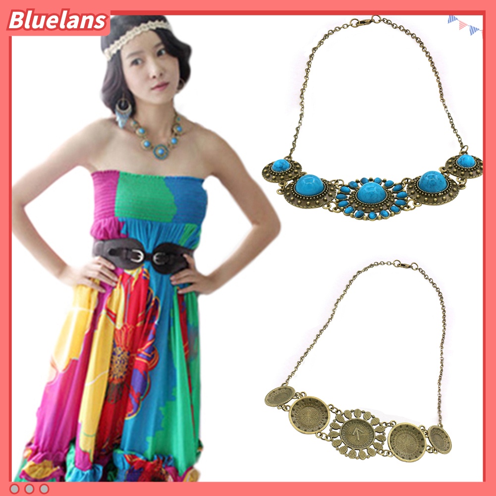 [BLS] Kalung Liontin Hias Batu Pirus Biru Bulat Bohemian Vintage Wanita