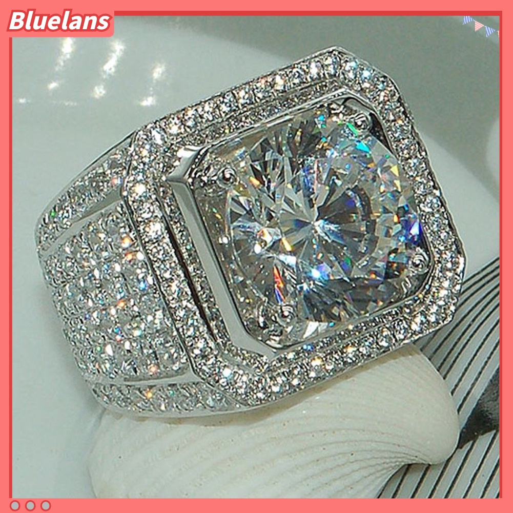 [BLS] Pria Fashion Berlian Imitasi Penuh Lebar Band Cincin Pernikahan Pesta Pertunangan Perhiasan