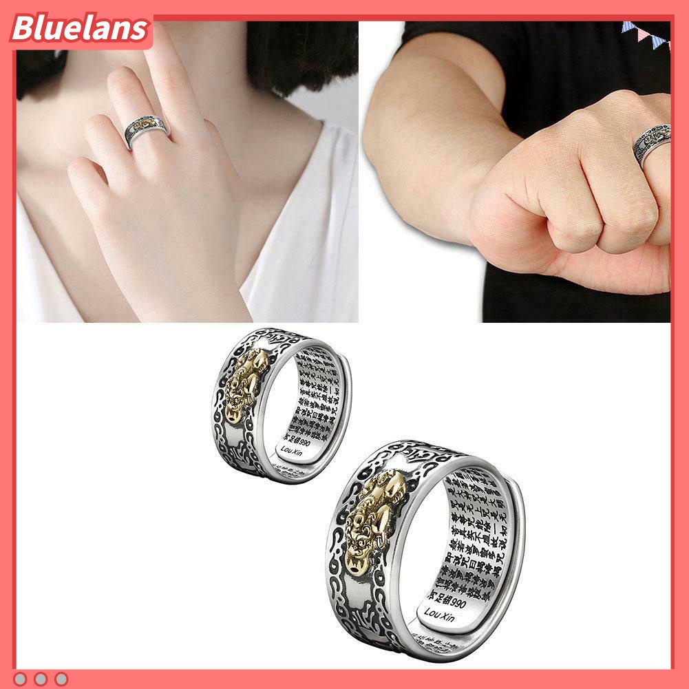 [BLS] Pria Beruntung Perak Berlapis Piqiu Sutra Hati Terukir Pembukaan Jari Cincin Perhiasan