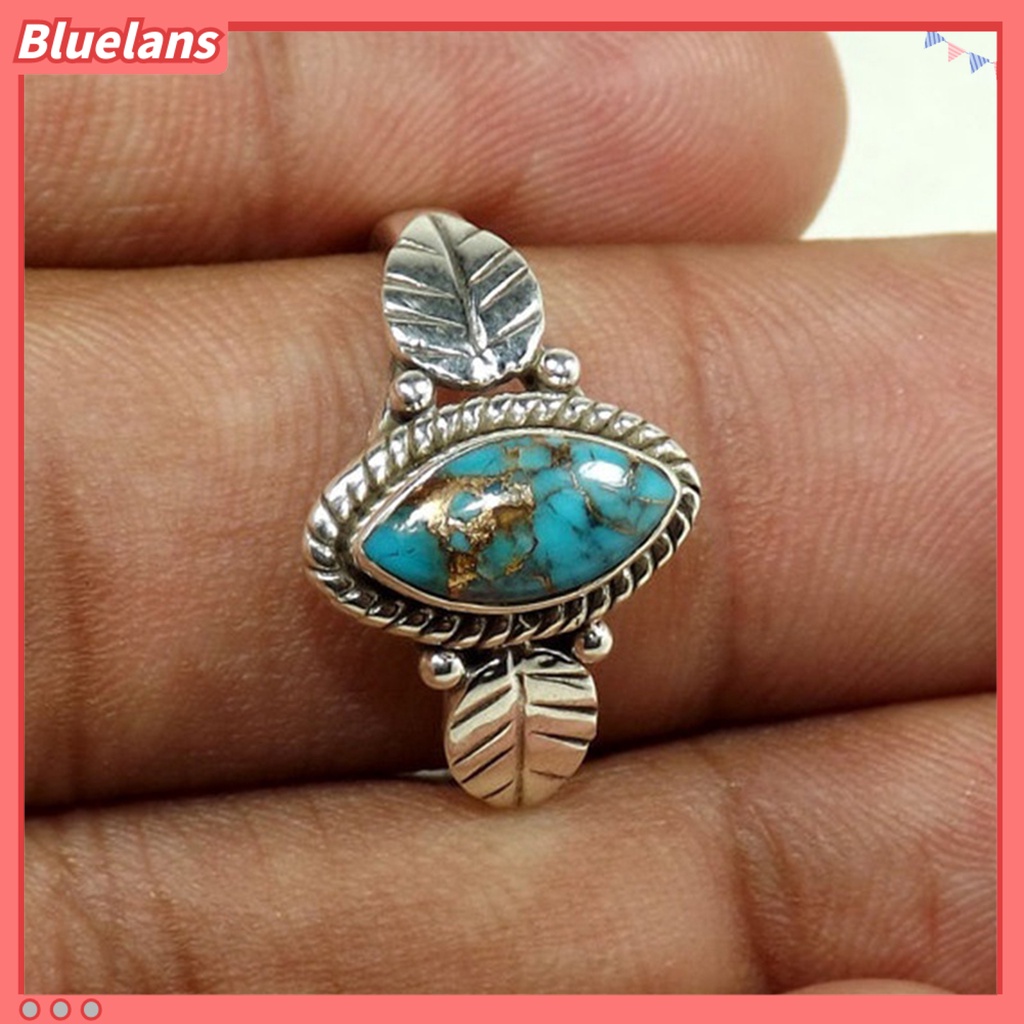 [BLS] Wanita Cincin Indah Imitasi Pirus Portabel High-end Vintage Hias Anti Karat Bentuk Daun Unisex Pria Knuckle Ring Hadiah Ulang Tahun