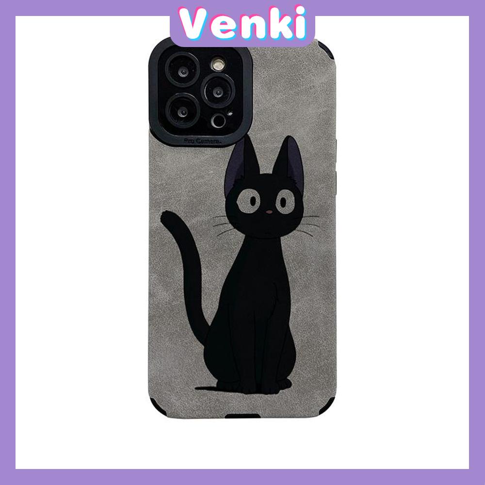 VENKI - Untuk iPhone 11 Case Leather Pupil Suede Case Soft Shockproof Airbag Case Pelindung Kamera Cute Simple Black Cat Kompatibel dengan iPhone 14 13 Pro max 12 xr xs 7Plus 8Plus