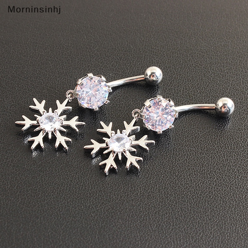 Mornin Kristal Zirkon Snowflake Pusar Kuku Stainless Steel Kreatif Pink Dan Putih Pusar Cincin Bar Untuk Wanita Perhiasan Tubuh Seksi id