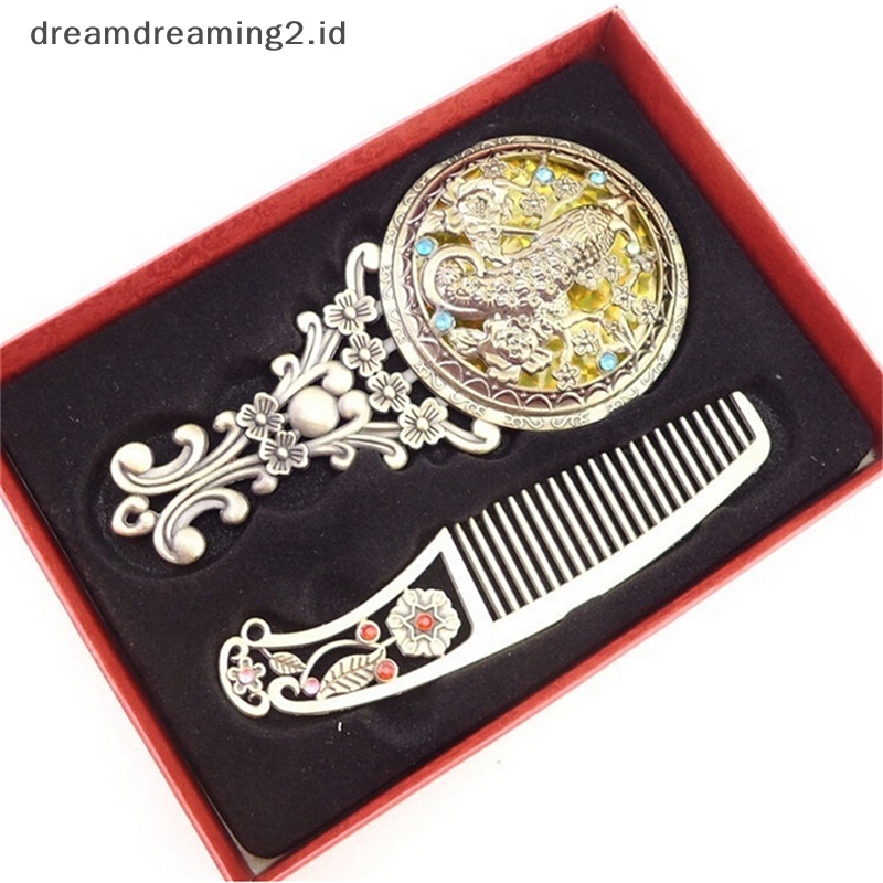 (drea) 2pcs Bronze Cermin Genggam Berongga Kosmetik Compact Mirror Comb Set Kotak Hadiah //