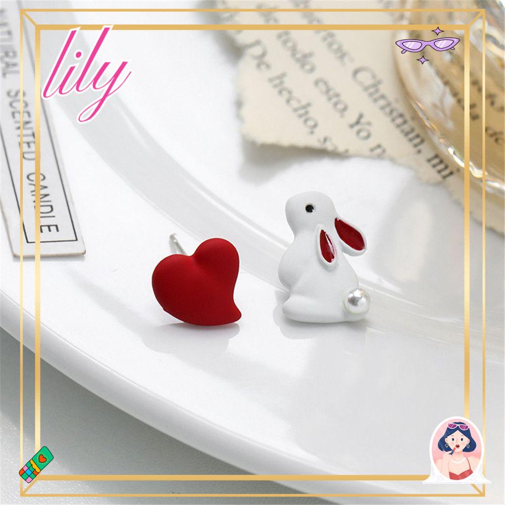 Lily Rabbit Earrings Hadiah Asimetris Fashion Hati Merah