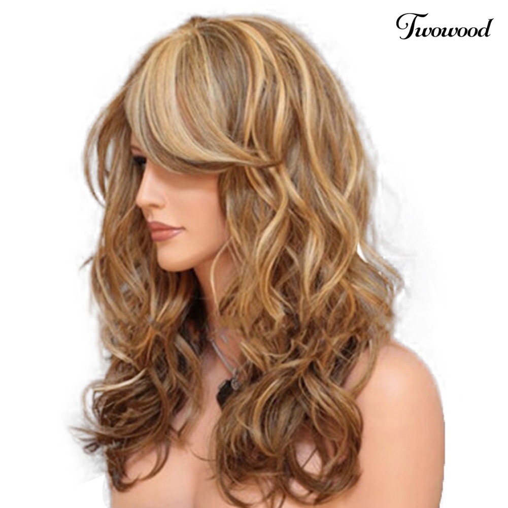 Twowood Fashion Wanita Sideswept Bangs Curly Panjang Full Wig Cosplay Pesta Sopak