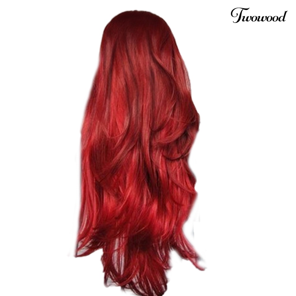 Twowood Serat Suhu Tinggi Anggur Merah Belah Tengah Panjang Keriting Wig Wanita Sopak