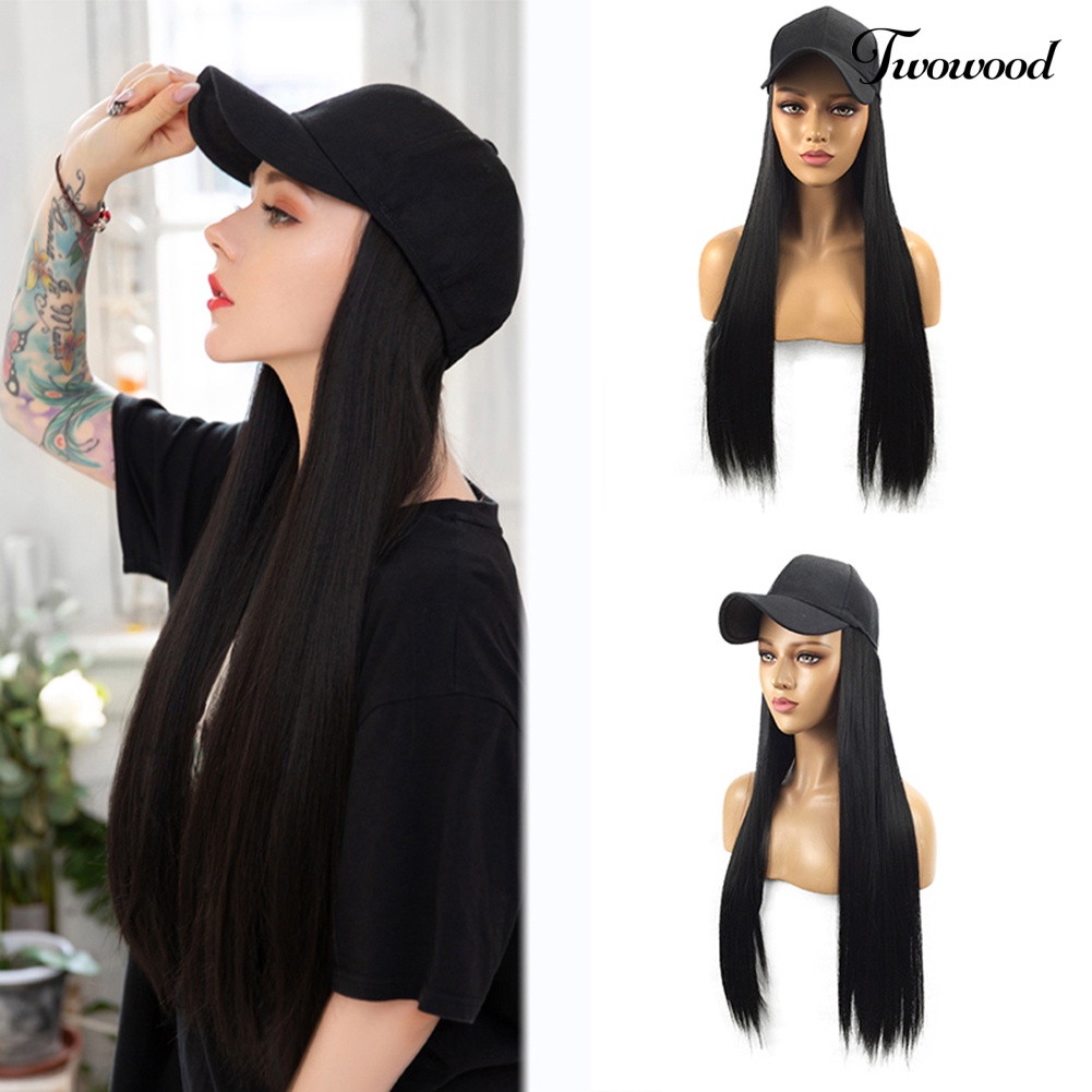 Twowood Wanita 2in1 Wig Rambut Sintetis Lurus Panjang Dengan Topi Pesta Ekstensi Sopak