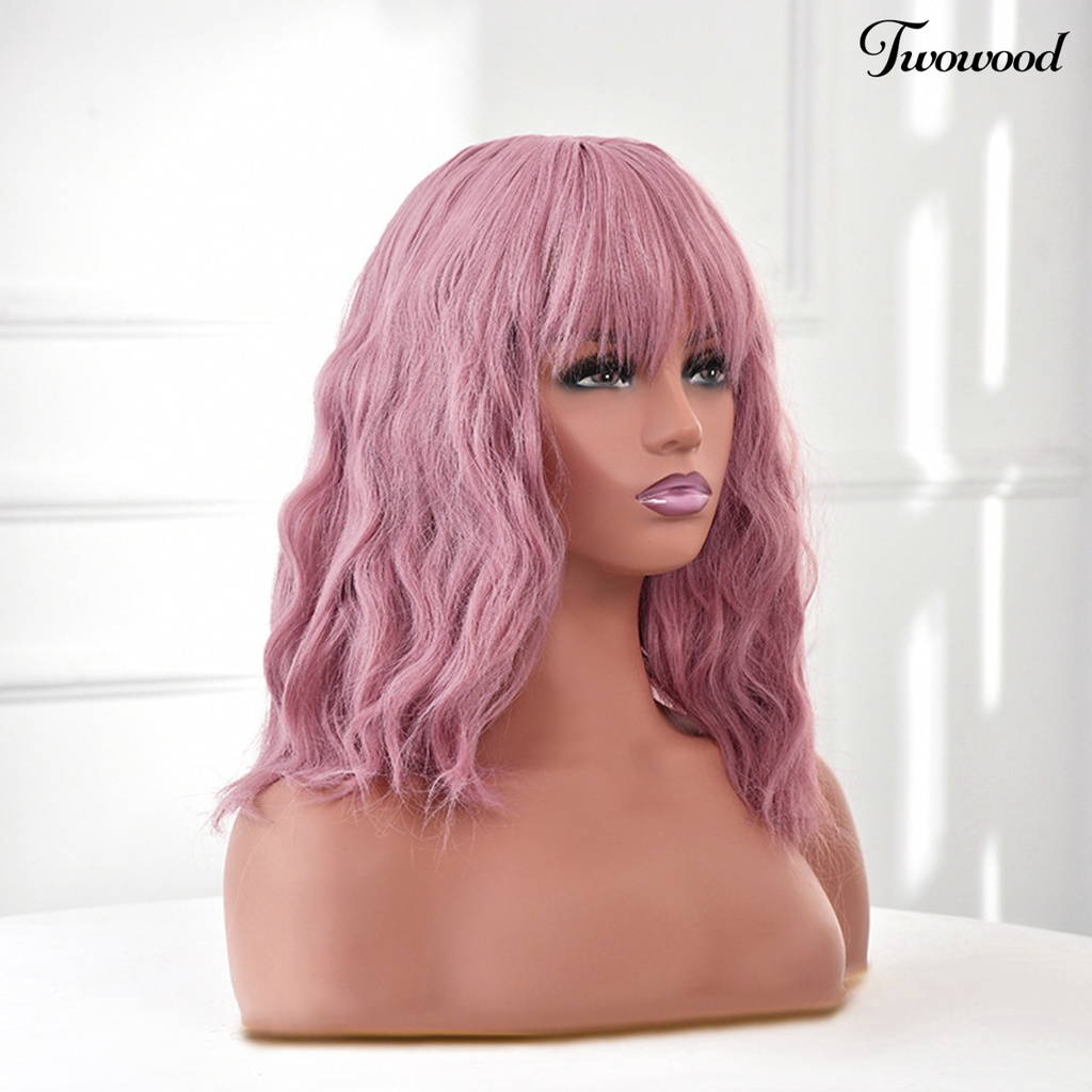 Twowood Cosplay Wig Universal Halus Ringan Pink Head Air Bangs Medium Long Curly Hair Wig Untuk Pesta