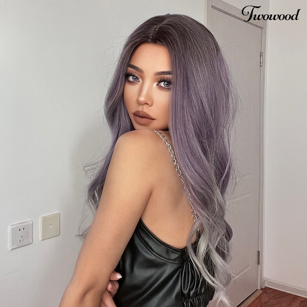 Twowood Gradient Wig Digunakan Kembali Fashion Berbulu Menarik Universal Lady Alat Kecantikan Ringan Medium Brown Gradient Ungu Abu Wig Keriting Panjang Untuk Rumah