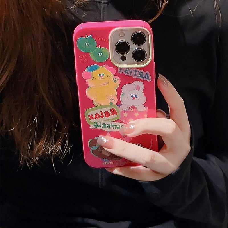 Pink Artist Bunny Bear Soft Silicon Case HP iP iPhone 7 8 14 + Plus SE 2020 2022 X XR XS 11 12 13 Mini Pro Max Jelly FTD Girl Woman Casing Apple