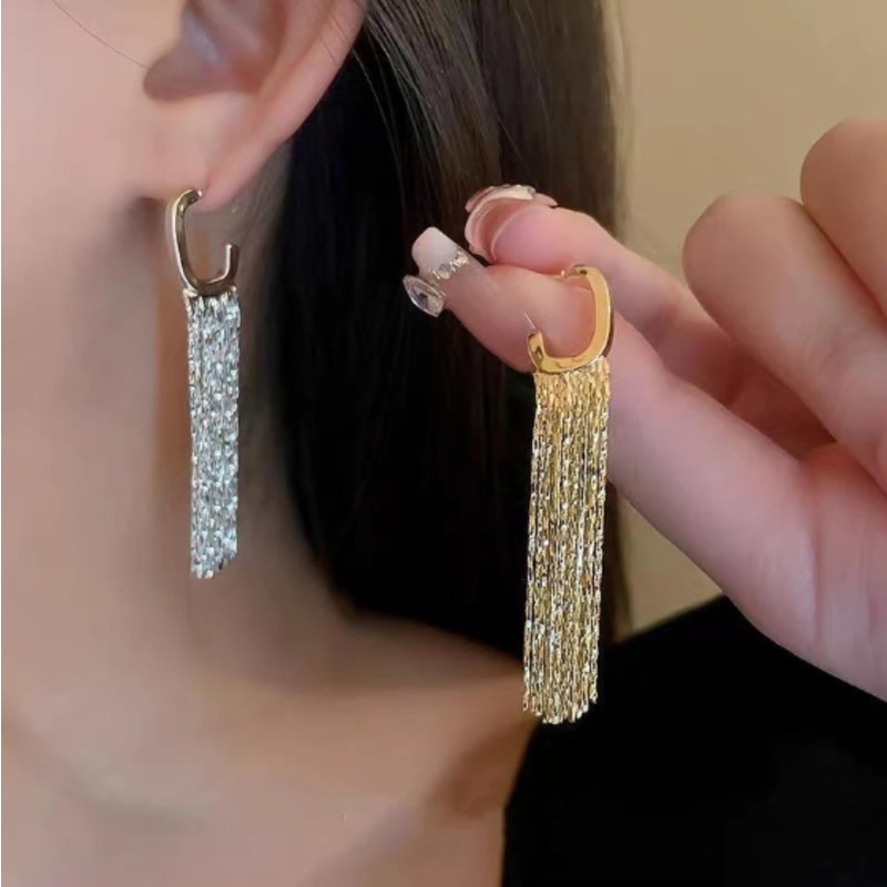 Fashion Warna Emas Rantai Logam Panjang Rumbai Gaya Anting/Wanita Pernikahan Perhiasan Harian Liontin/Mewah High Sense Eardrop Pergi Dengan Segalanya