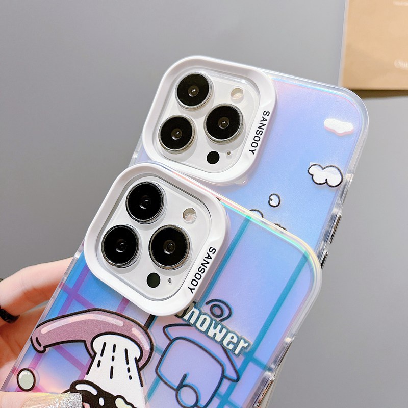 【Laser colorful】So Cute IMD high quality bathe Shin-chan Hard Case for IPhone 11 12 13 14 Pro Max Women Girl Lovely Cartoon