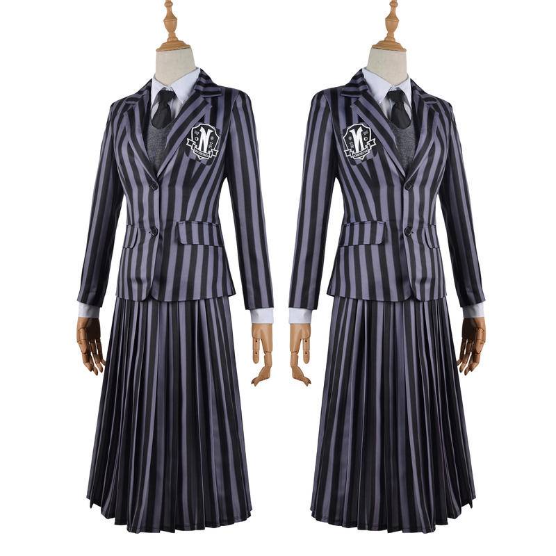 【Wetrose】 The Addams Family Coswear Wednesday Adams Hitam Print Dress Cosplay Seragam Sekolah Halloween