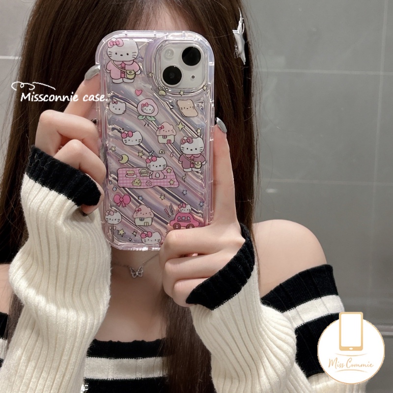 Doodle Kartun Lucu Hello Kitty Kartu Laser Casing Bening Kompatibel Untuk IPhone XR 11 12 13 14 Pro MAX 78 Plus 6 6S 7 8 Plus X XS MAX SE 2020 Sarung Pola Kerut Stereo 3D