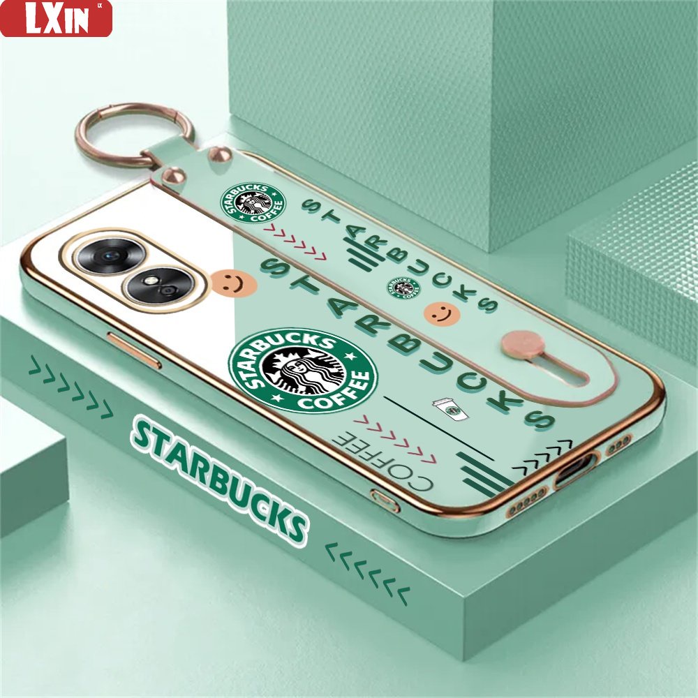 Soft Case OPPO A17 A17K A16K A16e A16 A57 4G A77S A95 A74 A15 A15S A54 A5S A12 A5S A7 A3S A52 A92 A11K A1K Fashion Starbucks Stand Holder Lipat Mewah Plating Penutup Karet