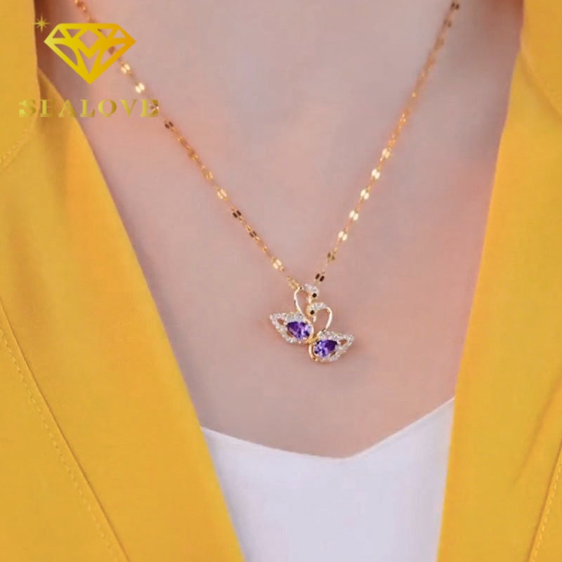 Kalung Titanium Swan Angsa Kristal Ungu Berlian Emas 18K Anti Karat Mewah Elegan Korea Aksesoris Wanita Perhiasan