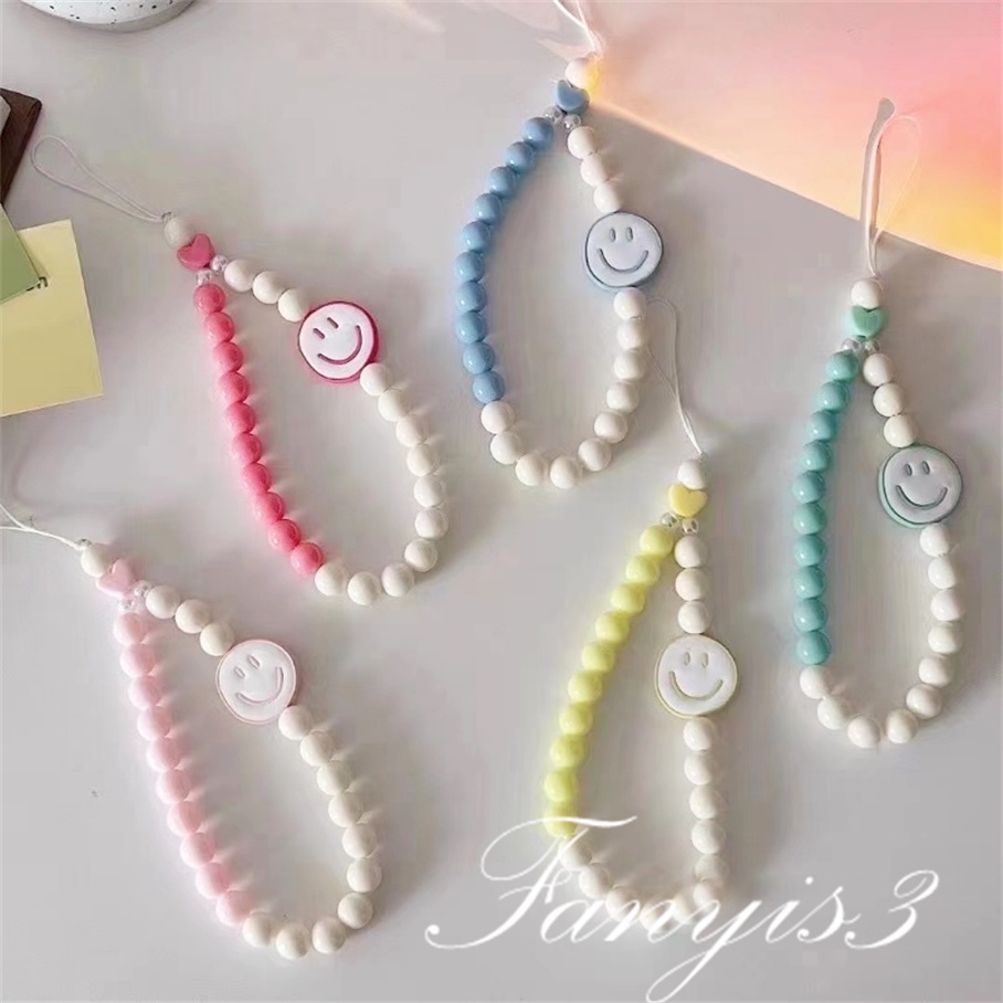 Warna-warni Smiley Face Ponsel Case Rantai Anti Hilang Lembut Tembikar Lanyard Mutiara Manik-Manik Akrilik Warna-Warni Portabel Pergelangan Tangan Tali Liontin